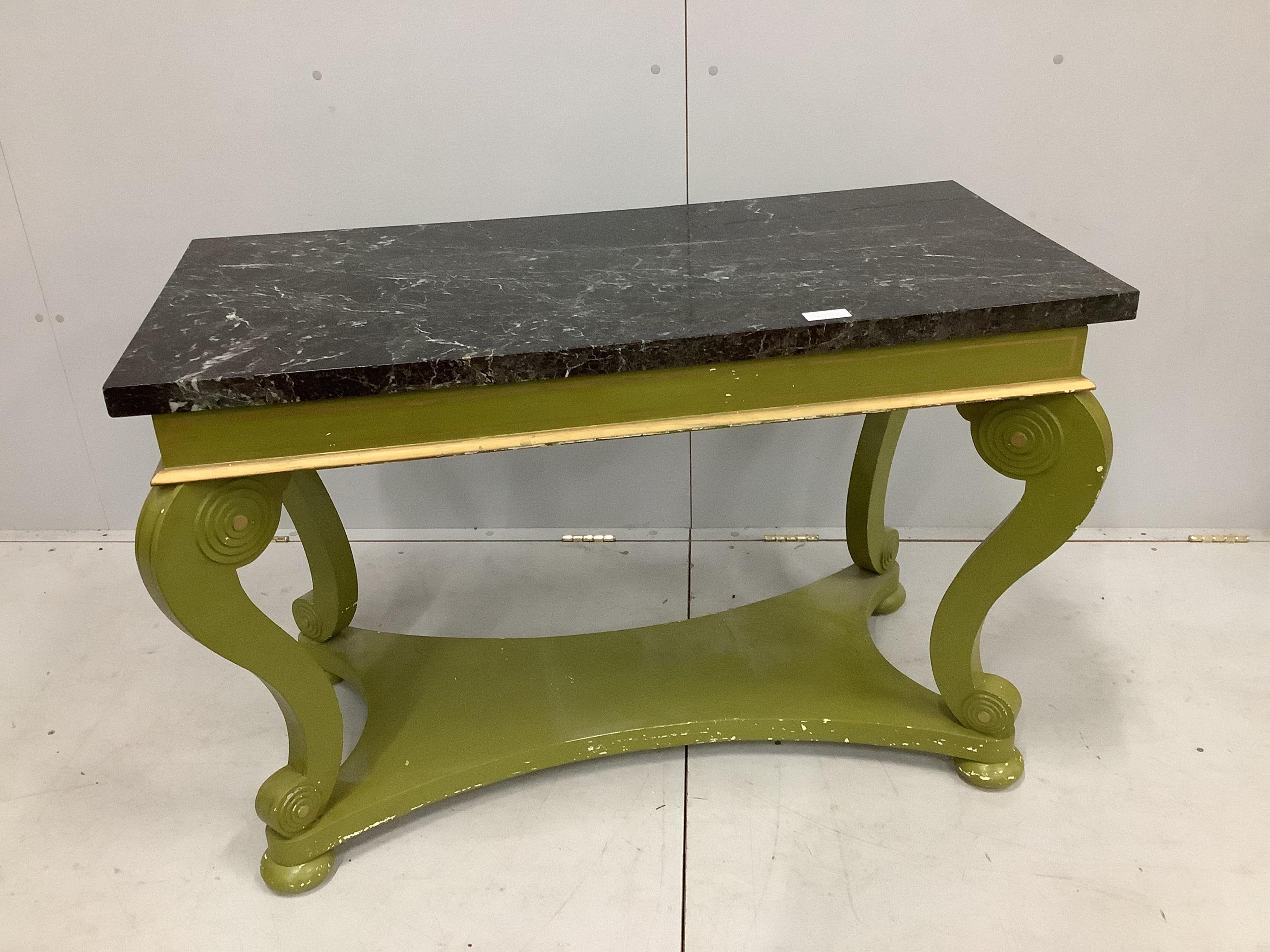 A green painted rectangular marble top centre table, width 113cm, depth 53cm, height 75cm. Condition - fair